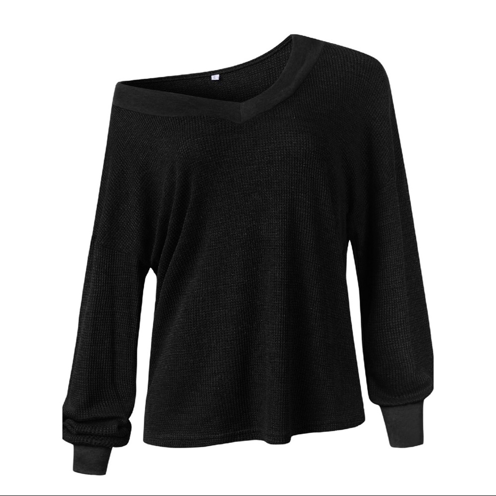 Waffle Off Shoulder Womens Black Long Sleeve Top